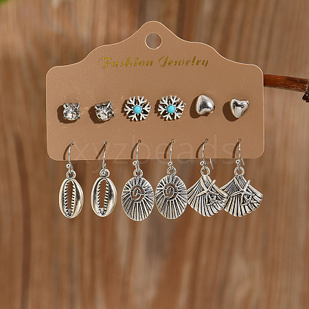6 Pairs Retro Shell Shaped Alloy Dangle Earrings Set for Women WQ8140-1