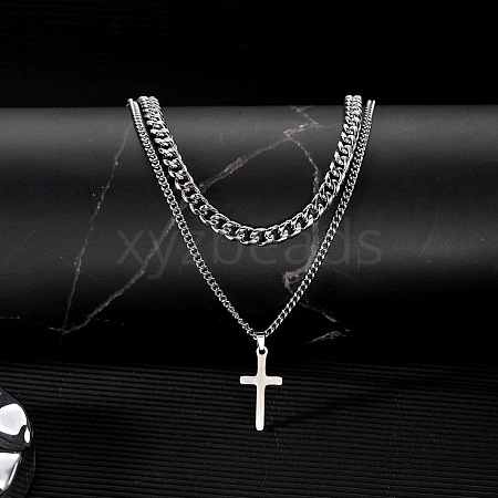 Stainless Steel Hollow Out Cross Pendant Double Layer Necklace with Cable Chains for Men Women PW-WG88E37-01-1