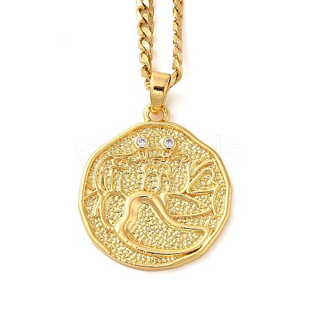 Brass Clear Cubic Zirconia Curb Chain Constellation Pendant Medal Necklaces for Women NJEW-U010-01G-12-1