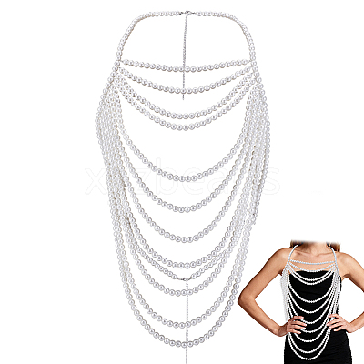 Imitation Pearl White Round Beaded Multi-Layered Shoulder Body Chains for Women AJEW-WH0816-461P-1