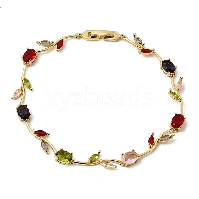 Leaf Brass Micro Pave Cubic Zirconia Link Chain Bracelets for Women BJEW-D455-01G-04-1