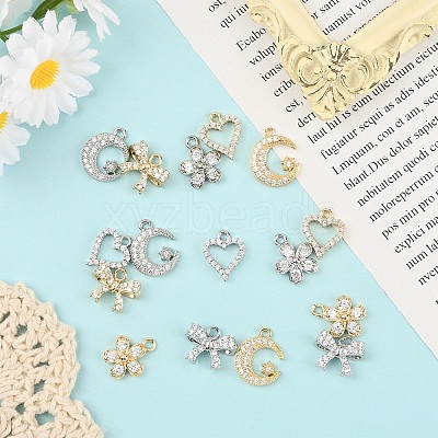 16Pcs 8 Styles Rack Plating Brass Micro Pave Cubic Zirconia Charms ZIRC-YW0001-30-1