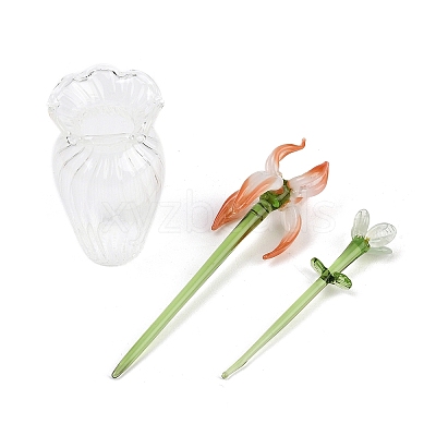 Handmade Lampwork Birthday Flower & Vase Set for Tabletop Display LAMP-D007-002H-1