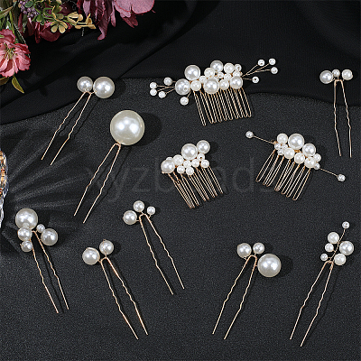 Copper Wire and ABS Imitation Pearl Hair Combs Sets for Women Girls OHAR-CY0001-20-1