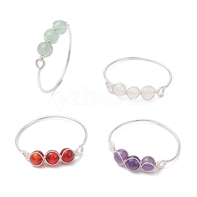 Copper Wire Wrapped Round Natural Amethyst & Rose Quartz & Green Aventurine & Carnelian Bead Rings for Women RJEW-JR00852-01-1