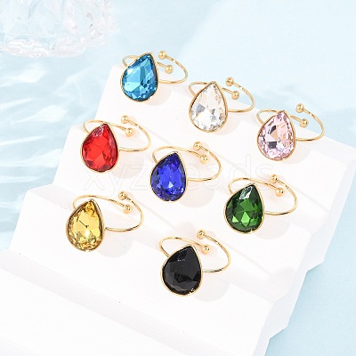 304 Stainless Steel with Glass Cuff Rings for Women RJEW-K309-41A-1