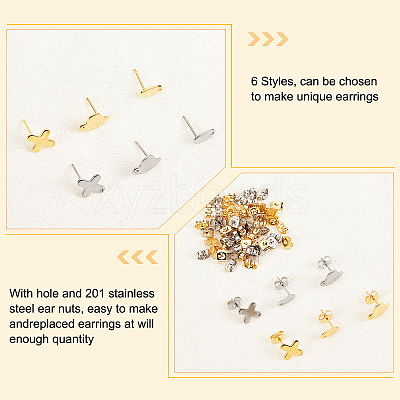 60Pcs 6 Style 304 Stainless Steel Stud Earring Findings STAS-DC0010-19-1