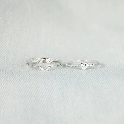 2Pcs Heart 925 Sterling Silver Micro Pave Clear Cubic Zirconia Finger Rings for Women FS-WG4005F-02-1