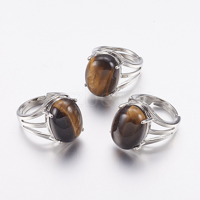 Natural Tiger Eye Wide Band Finger Rings X-RJEW-K224-A18-1