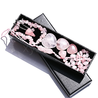 Natural Rose Quartz Dowsing Pendulum Cone Big Pendants & Heart Massage Stone & Bracelet & Pendant Decoration Sets PW-WG73208-01-1