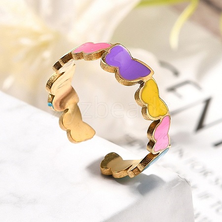 201 Stainless Steel Enamel Open Cuff Ring for Women RJEW-A053-03G-02-1