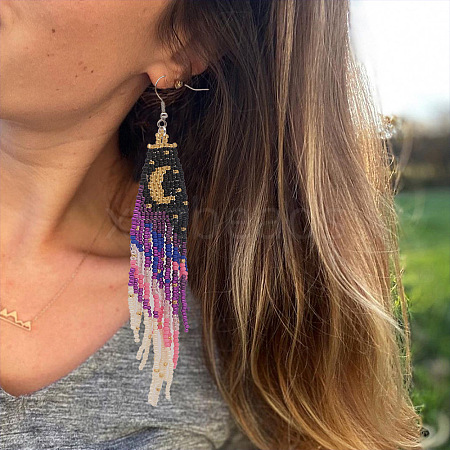 Elegant Handmade Glass Seed Beads Moon Dangle Earrings WJ0050-2-1