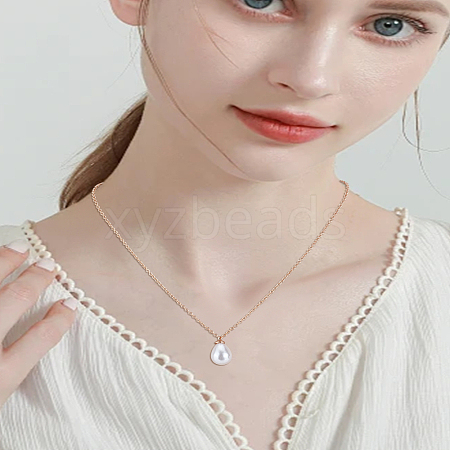 1Pc ABS Plastic Imitation Pearl Teardrop Pendant Iron Chain Necklaces NJEW-LP0009-35-1