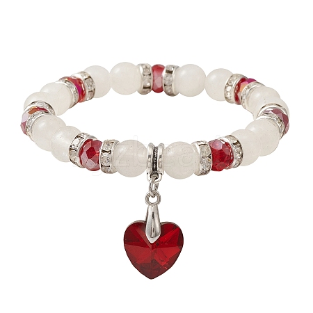 Natural Quartz Crystal & Glass Beaded Stretch Bracelet with Heart Charms for Valentine's Day X-BJEW-TA00284-1