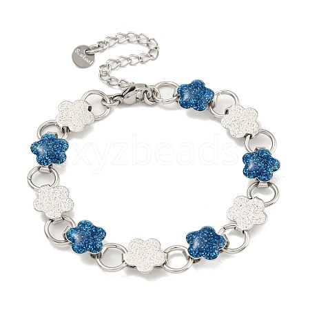 304 Stainless Steel Enamel Flower Link Chain Bracelets with Glitter Powder BJEW-S153-05P-01-1