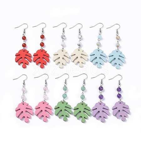 Tropical Theme Monstera Leaf Poplar Wood Dangle Earrings EJEW-JE03357-1