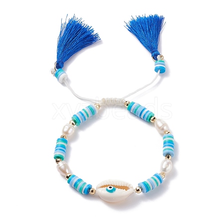 Natual Shell with Evil Eye & Pearl Braided Bead Bracelet BJEW-TA00049-02-1