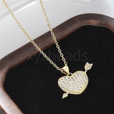 Brass Micro Pave Clear Cubic Zirconia Arrow Heart Pendant Necklaces for Women NJEW-M088-01G-03-1