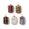 Natural Red Rainbow Jasper/Natural Tiger Eye/Natural Unakite/Natural Blue Spot Jasper/Opalite Copper Wire Wrapped Column Pendants PALLOY-JF02974-1