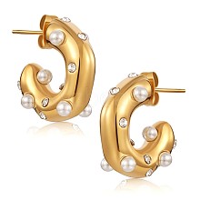 Shell Pearl C-shape Stud Earrings with Clear Cubic Zirconia JE948A