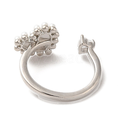 Cubic Zirconia Heart Open Cuff Ring with ABS Plastic Pearl Beaded RJEW-M148-05P-1
