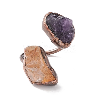 Natural Citrine & Amethyst Irregular Nugget Open Cuff Ring RJEW-I082-08R-02-1