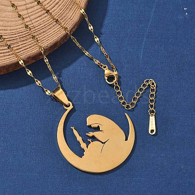 201 Stainless Steel Moon with Woman Pendant Necklaces for Ramadan & Eid Mubarak NJEW-D318-02G-1