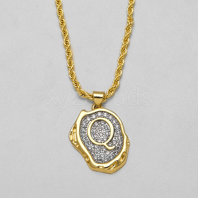 Brass Crystal Rhinestone Oval with Letter Pendant Necklaces FS-WG7CB6D-15-1
