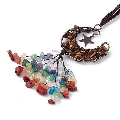 Natural Tiger Eye Moon with Mixed Gemstone Chips Tassel Pendant Decorations G-L524-07R-A03-1