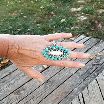 Oval Alloy & Synthetic Turquoise & Natural White Jade Cuff Rings FS-WG97148-01-1