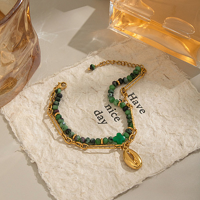 Natural Green Aventurine Beaded & 304 Stainless Steel Figaro Chains Double Layer Bracelets CN7232-1