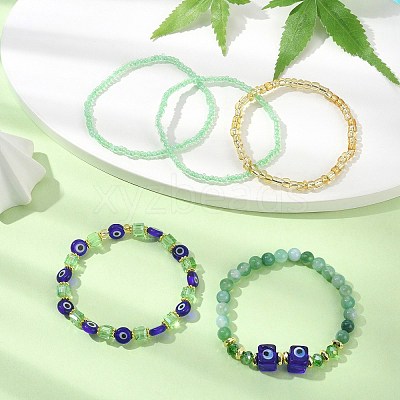5Pcs 5 Style Natural Banded Agate & Lampwork Evil Eye & Seed Beaded Stretch Bracelets Set BJEW-JB09616-03-1