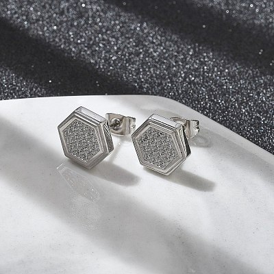 304 Stainless Steel Micro Pave Clear Cubic Zirconia Stud Earrings STAS-Z107-01P-01-1