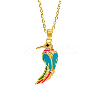Brass Micro Pave Clear Cubic Zirconia Bird Pendant Necklaces with Enamel WGCF18B-01-1