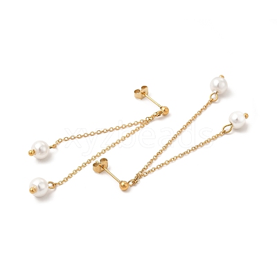 Glass Pearl Tassel Dangle Stud Earrings EJEW-P219-20G-1