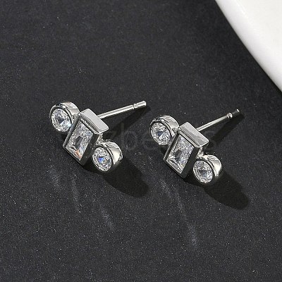 Rectangle with Flat Round Brass Micro Pave Clear Cubic Zirconia Stud Earrings EJEW-G452-12P-1