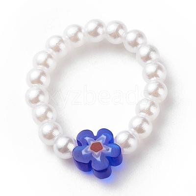 Plastic Imitation Pearl & Millefiori Glass Beaded Finger Ring for Women RJEW-JR00484-1