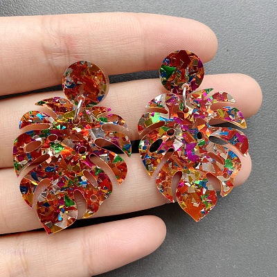 Leaf Acrylic Paillette Dangle Stud Earrings FS-WG5D05C-01-1
