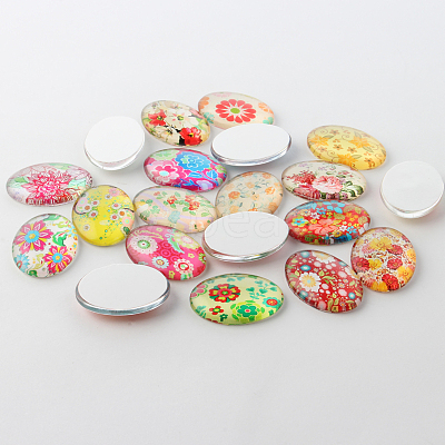 Multi-Color Floral Pattern Theme Ornaments Glass Oval Flatback Cabochons GGLA-A003-30x40-SS-1