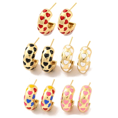 Brass & Enamel Heart Stud Earrings for Women EJEW-U015-01G-1