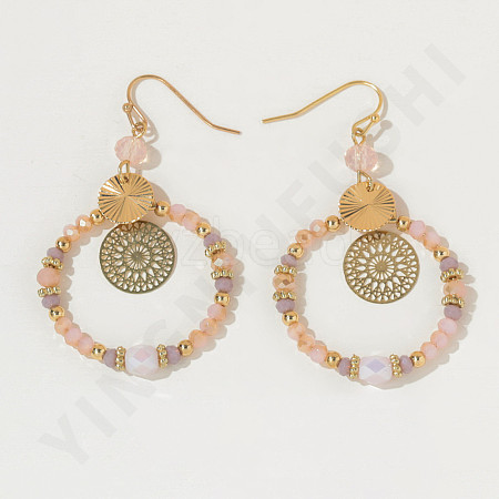 Brass Glass Flat Round with Rondelle Beaded Dangle Earrings FS-WG1FB0A-01-1