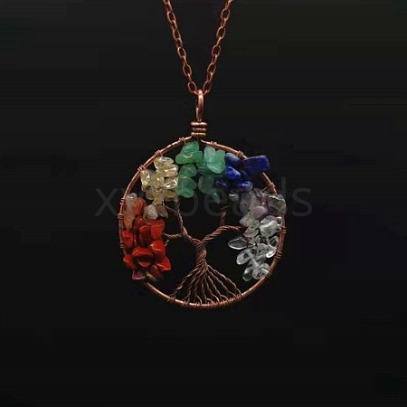 7 Chakra Gemstone Chip Tree of Life Pendant Necklaces PW-WG100CC-03-1