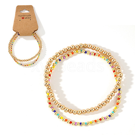 2Pcs Fashionable Brass & Seed Beads Beaded Stretch Bracelet Sets for Women ZD1327-6-1