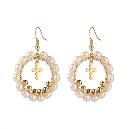 Pearl Beads Brass Dangle Earrings EJEW-JE04568-02-1