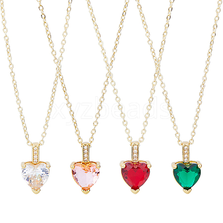 4Pcs 4 Colors Brass Micro Pave Cubic Zirconia Heart Pendant Necklaces Set NJEW-FI0001-58-1