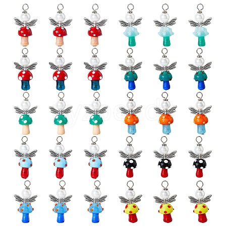 30Pcs 10 Colors Handmade Lampwork Beads with Glass Pearl Round Bead Pendants PALLOY-FH00165-1