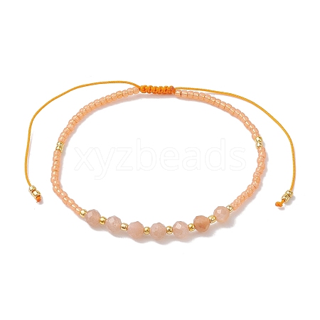 Adjustable Natural Sunstone & Seed Braided Bead Bracelets BJEW-JB10181-02-1