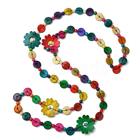 Dyed Natural Coconut Flower & Flat Round Beaded Necklaces NJEW-B088-02-1