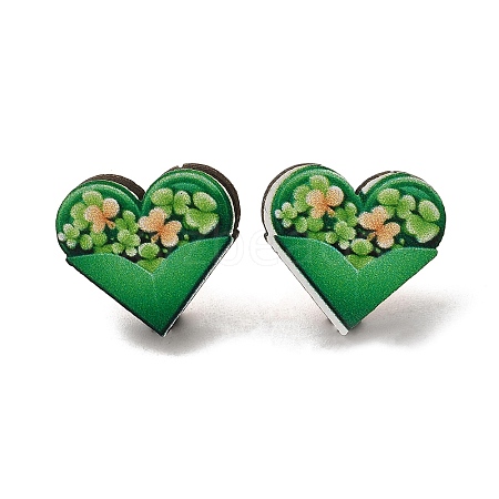 Saint Patrick's Day Green Wood Stud Earrings EJEW-D074-01E-1