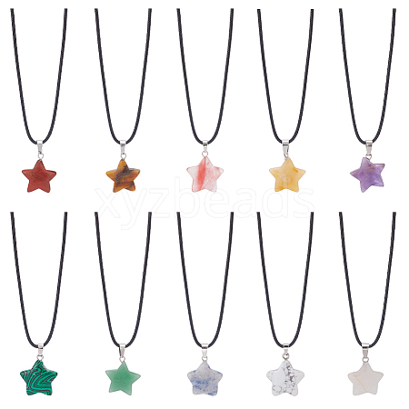 ANATTASOUL 10Pcs 10 Style Natural Mixed Gemstone Star Pendant Necklaces Set with Wax Cords NJEW-AN0001-56-1